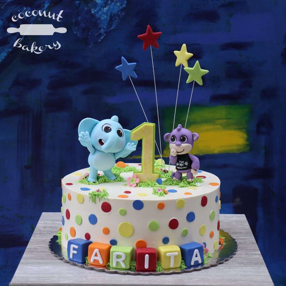 Torta de primer año con monito y elefante