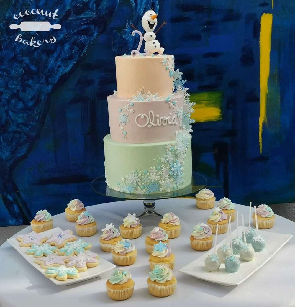 Frozen un tema preferido para las princesas de la casa, ahora en un hermoso pastel y mesa dulce
