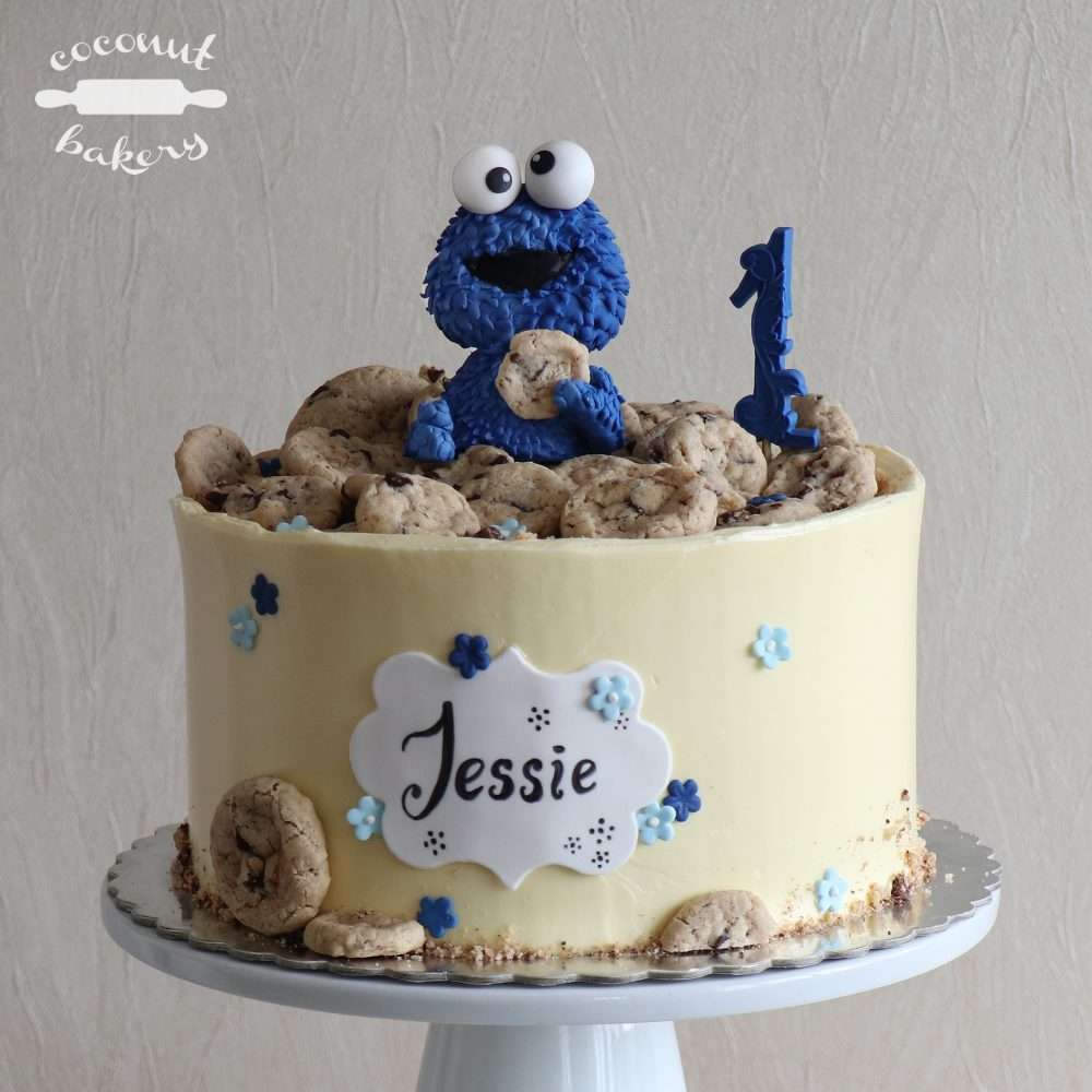 torta de cumpleaños para primer año de monstruo come galletas