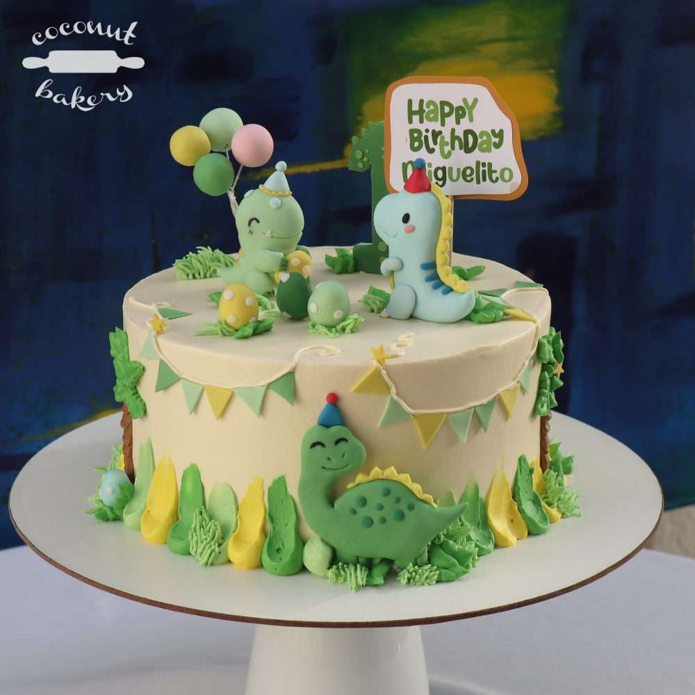 torta de dinosaurios felices para cumpleaños primer año