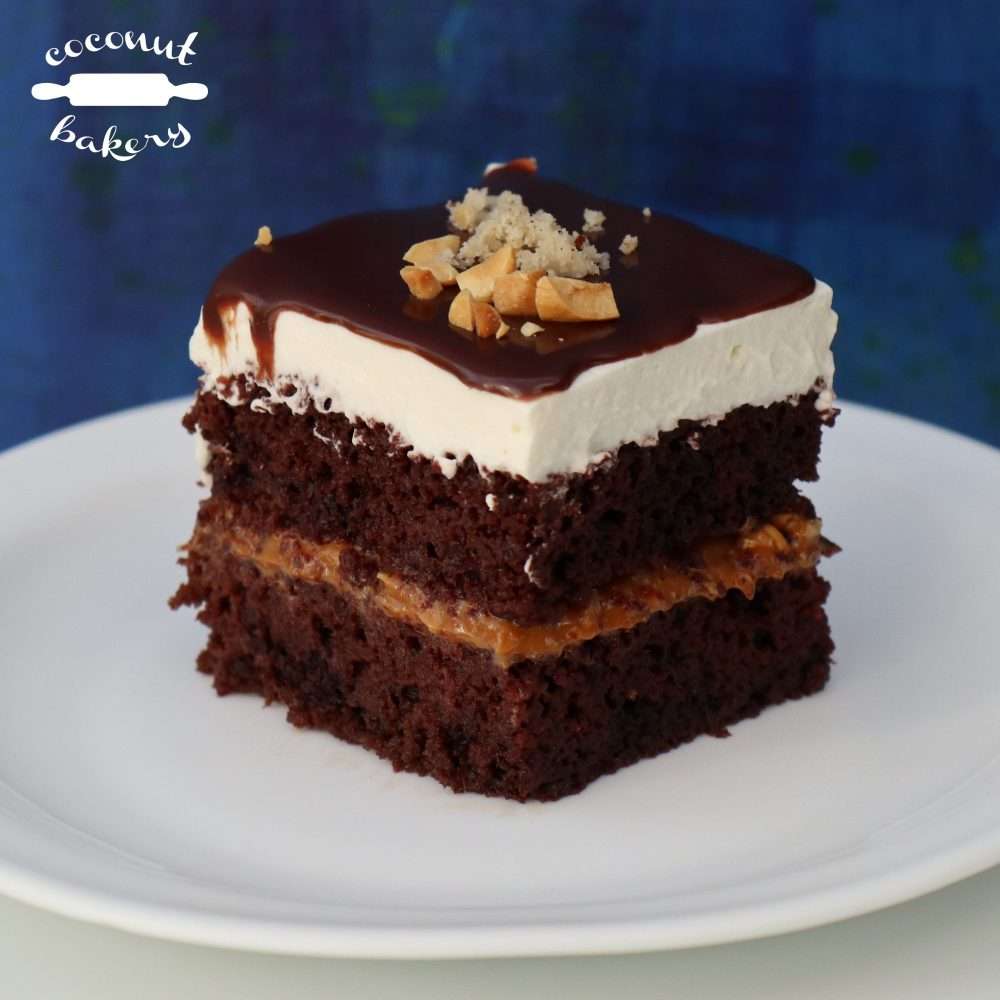 Porción de pastel de chocolate con maní (choconuts)