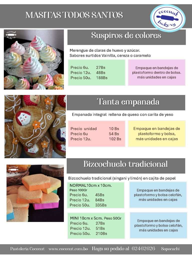 Menú de postres: Suspiros, empanadas y bizcochuelos.