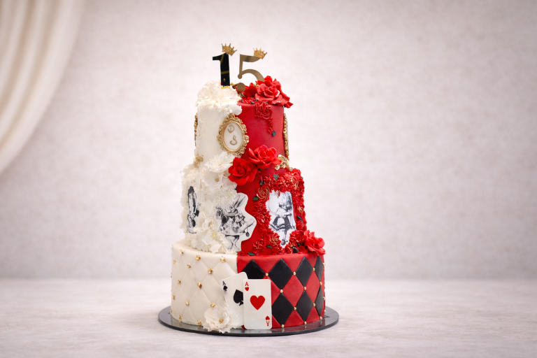 Pastel decorado de quinceañera rojo y blanco.