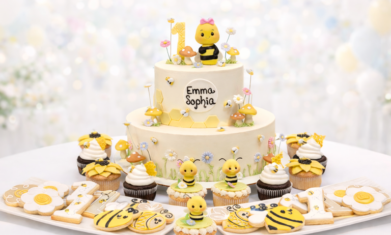 Tarta de cumpleaños con abejas y flores decorativas.
