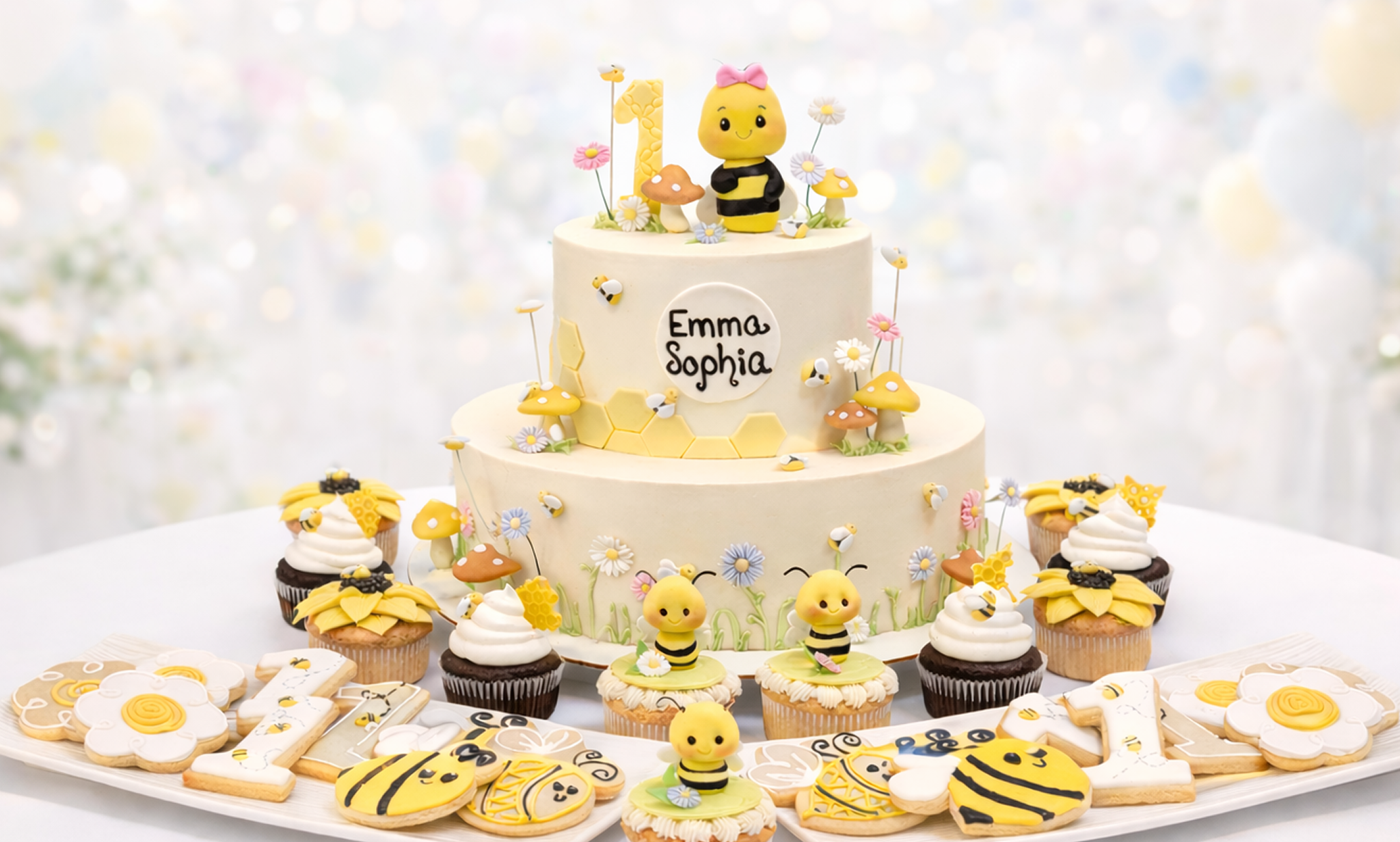Tarta de cumpleaños con abejas y flores decorativas.