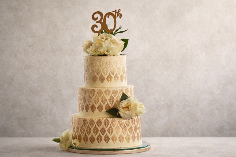 Tarta de tres pisos decorada con flores blancas.