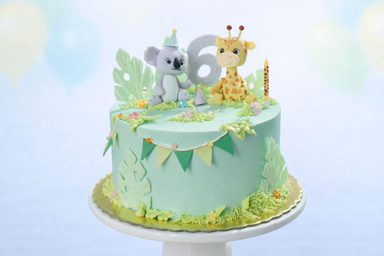 Tarta infantil con animales y decoración verde