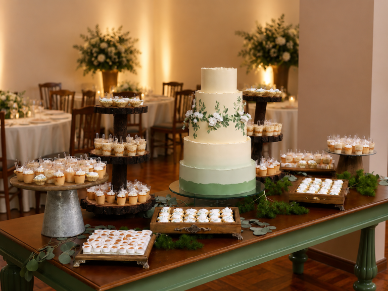 Mesa de postres con pastel de bodas elegante.